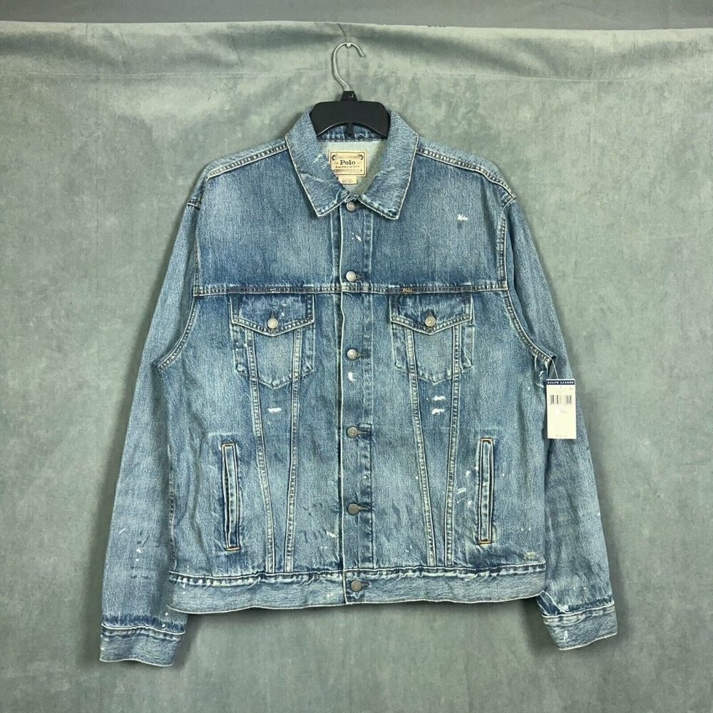 Polo Ralph Lauren Denim Jacket Mens Size BIG 1X Blue Distressed Paint Splatter